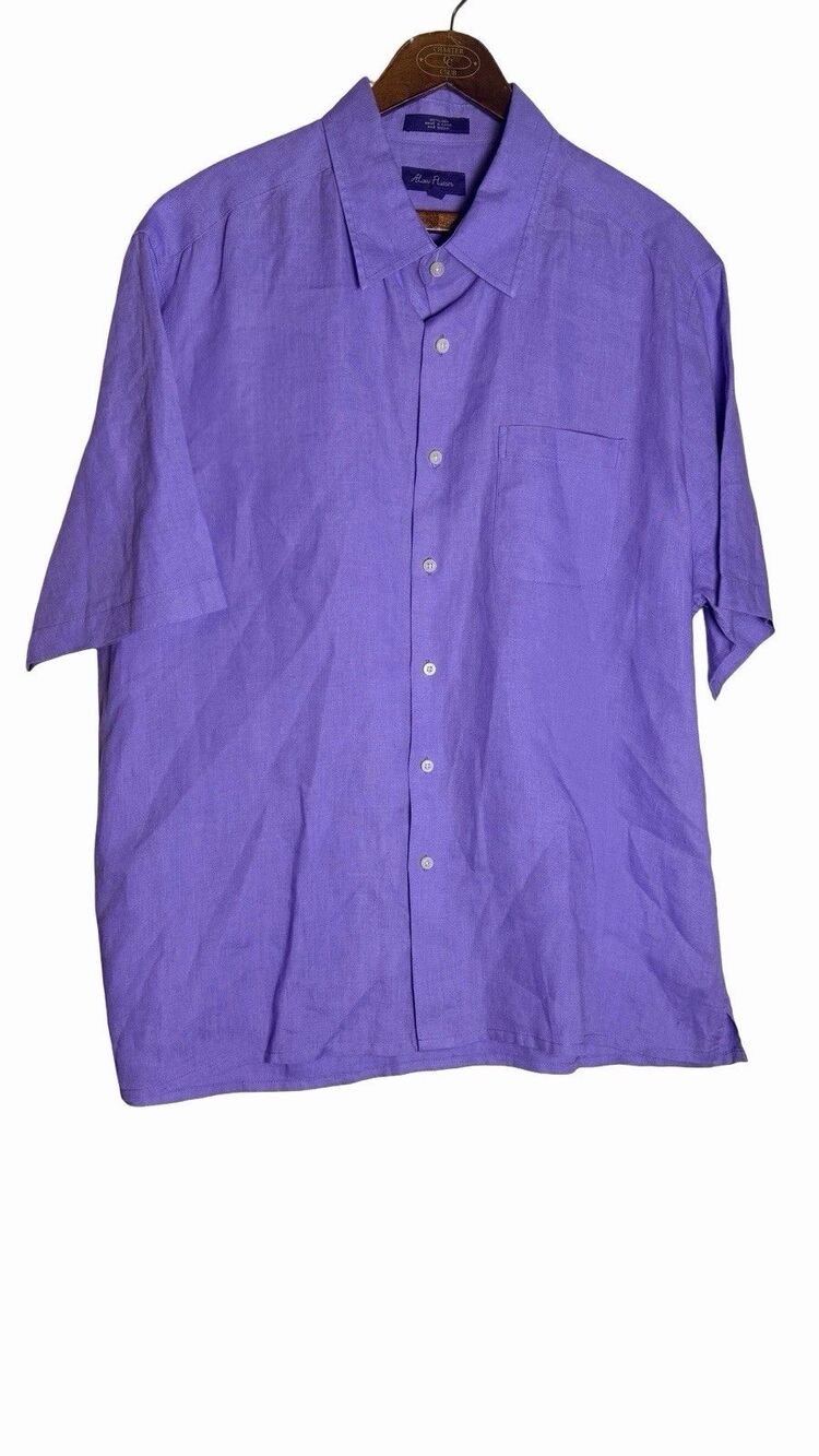100% Linen Alan Flusser Shirt Mens XL Purple Short Sleeve Button Up Summer Beach